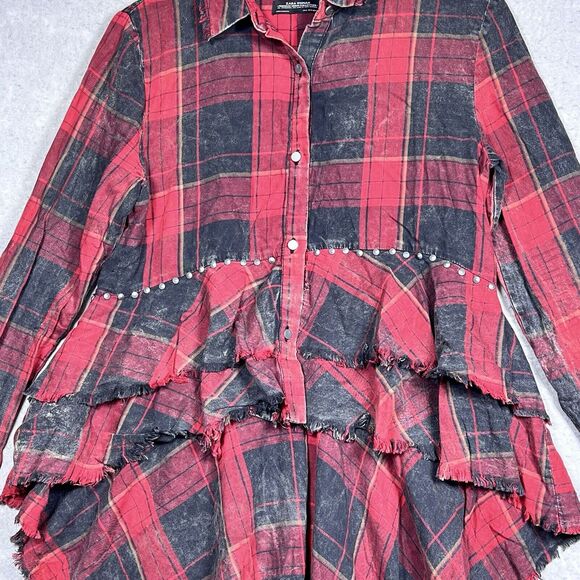 Zara Shirt Womens Medium Red & Black Plaid Button Up High Low Stud Accent Ruffle - Picture 3 of 11
